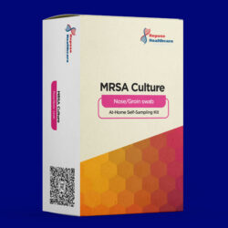 At-home MRSA culture nose and groin test kit including sterile swabs, labeled tubes, and instructions.