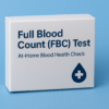 "Full Blood Count (FBC) Test home kit box with blue medical icon, displayed on a light blue background – at-home blood health check UK."