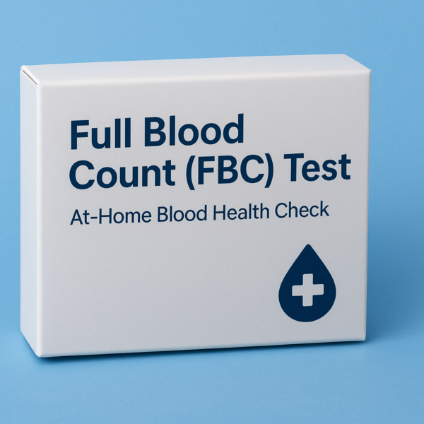 "Full Blood Count (FBC) Test home kit box with blue medical icon, displayed on a light blue background – at-home blood health check UK."