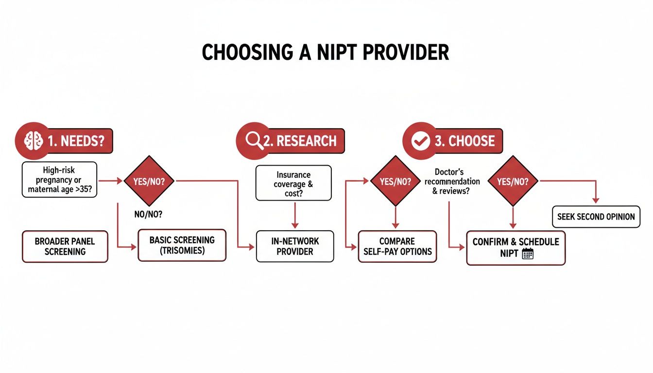 Flowchart guiding the process of choosing a NIPT provider, considering needs, research, and selection.