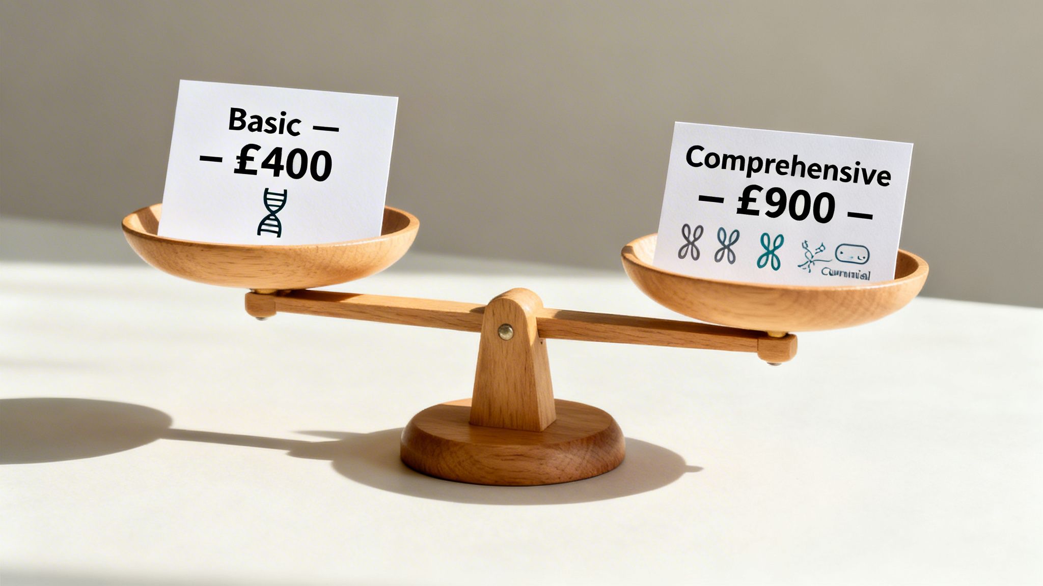A wooden balance scale comparing two NIPT test options: Basic at £400 and Comprehensive at £900.