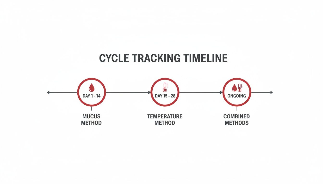 A cycle tracking timeline illustrating the mucus, temperature, and combined methods for fertility awareness.