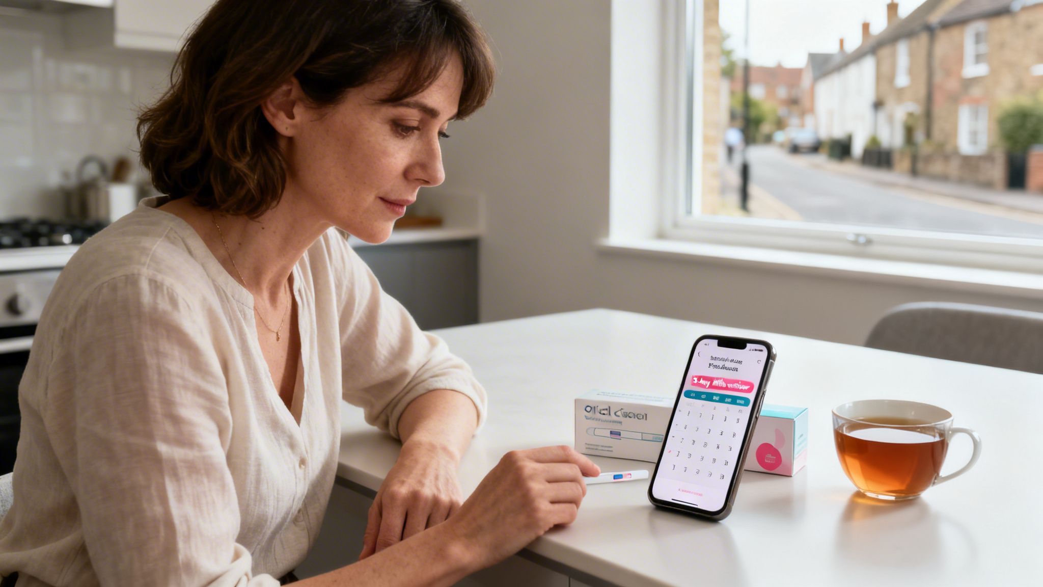 A woman looks at an ovulation test stick on a table with a smartphone app.