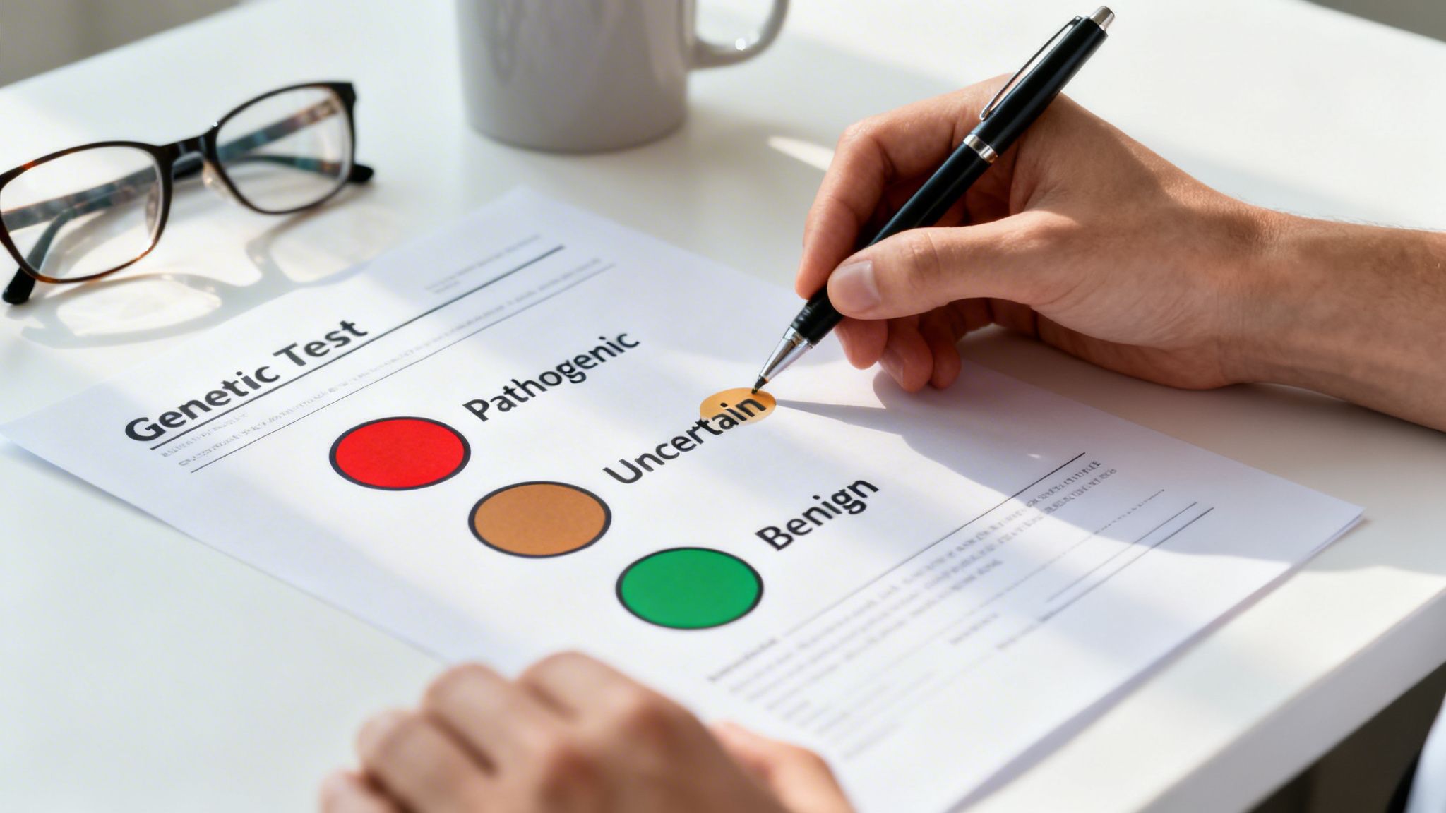 A hand marks 'Uncertain' on a genetic test result document, indicating an inconclusive outcome.