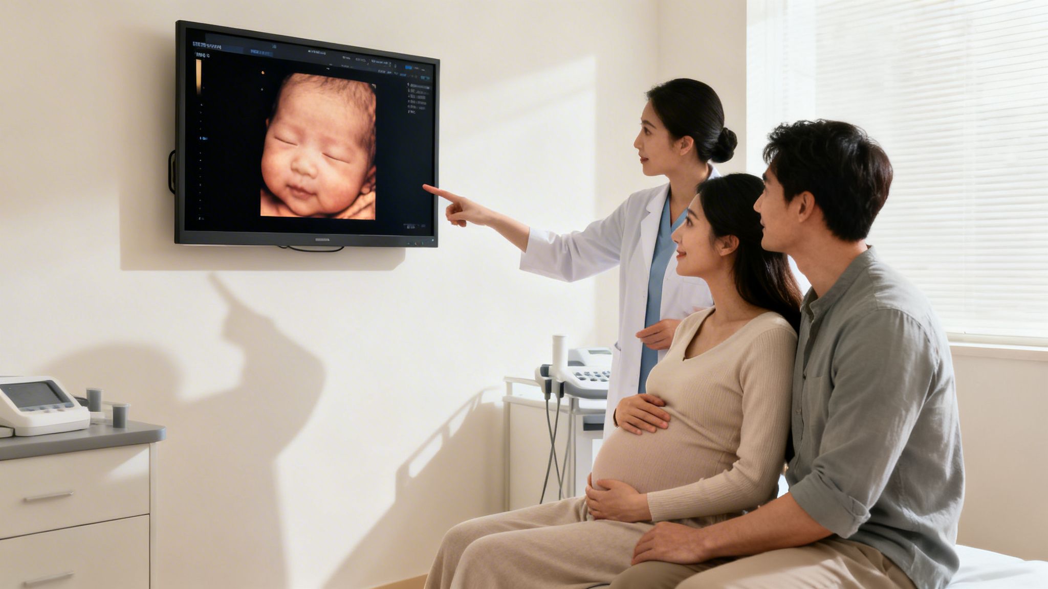 A doctor explains a 3D baby ultrasound on a screen to an expecting couple in a clinic.