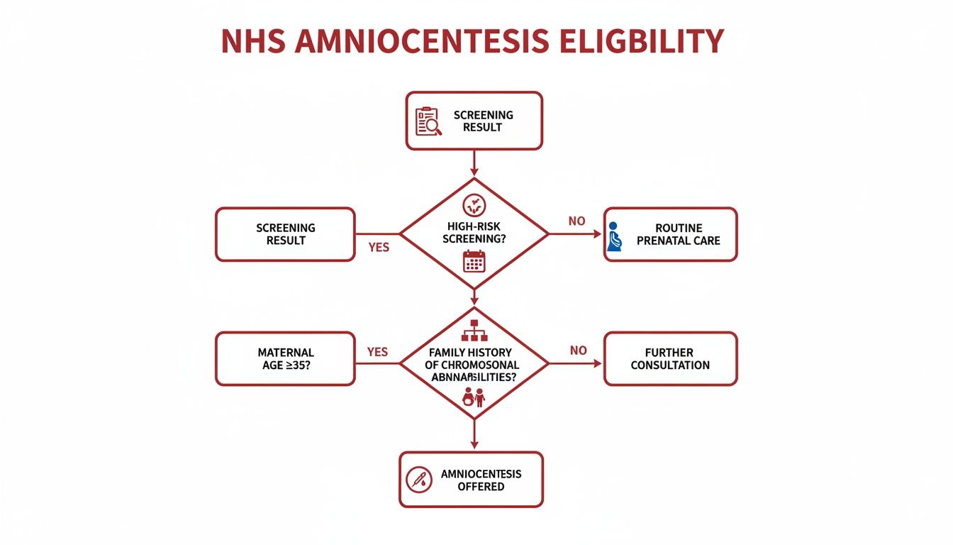 Flowchart detailing NHS amniocentesis eligibility criteria based on screening results, maternal age, and family history.