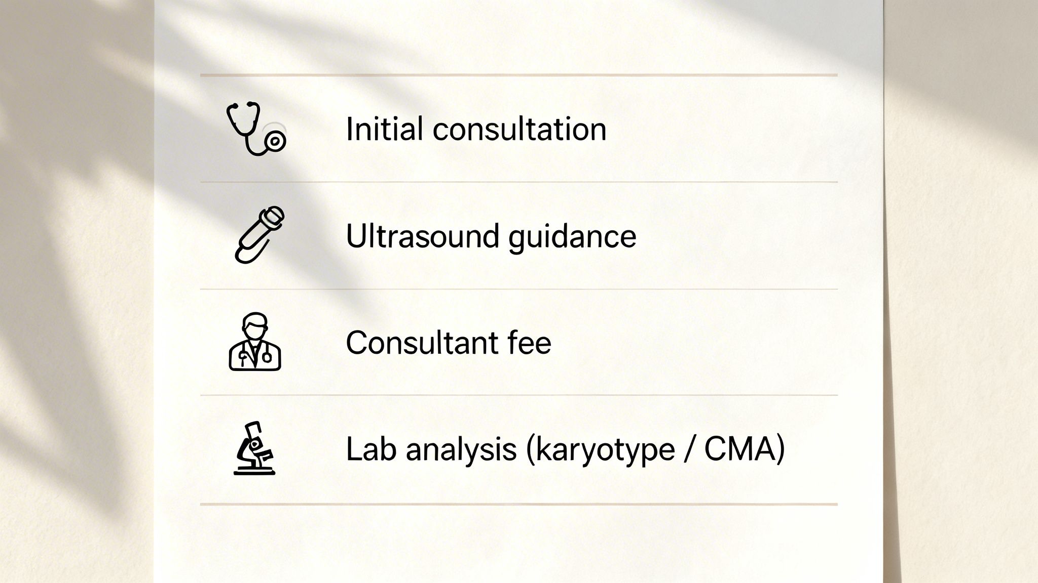 List of medical services and associated fees with icons: consultation, ultrasound guidance, consultant fee, and lab analysis.