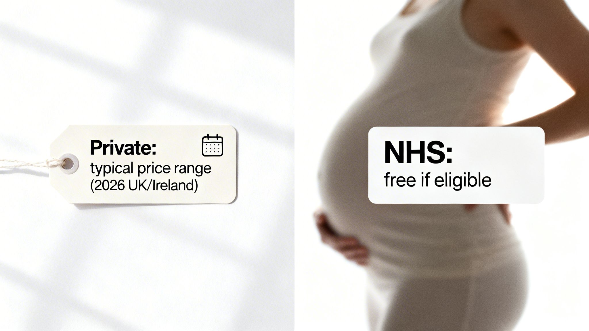 Comparison of private and NHS pregnancy costs, highlighting 2026 UK/Ireland private fees and free NHS eligibility.