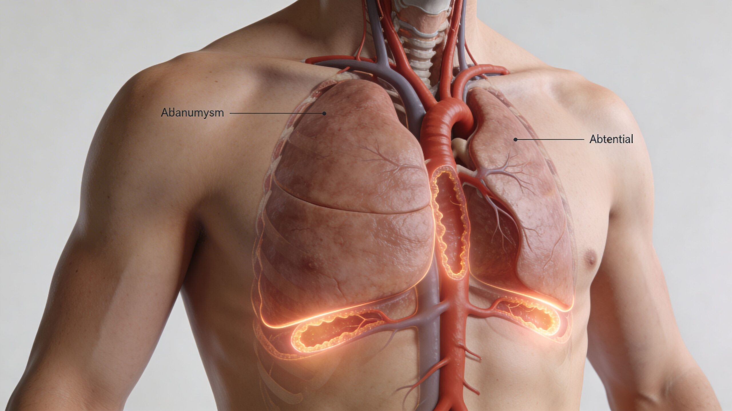 A 3D medical illustration highlighting the lungs and the aorta to demonstrate an aortic aneurysm.