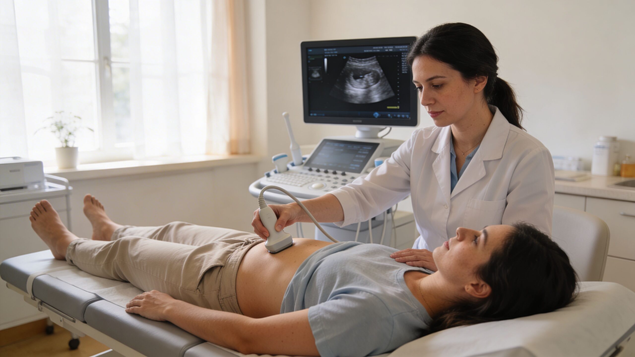 A female doctor performing an abdominal ultrasound scan on a female patient lying on a clinic bed.