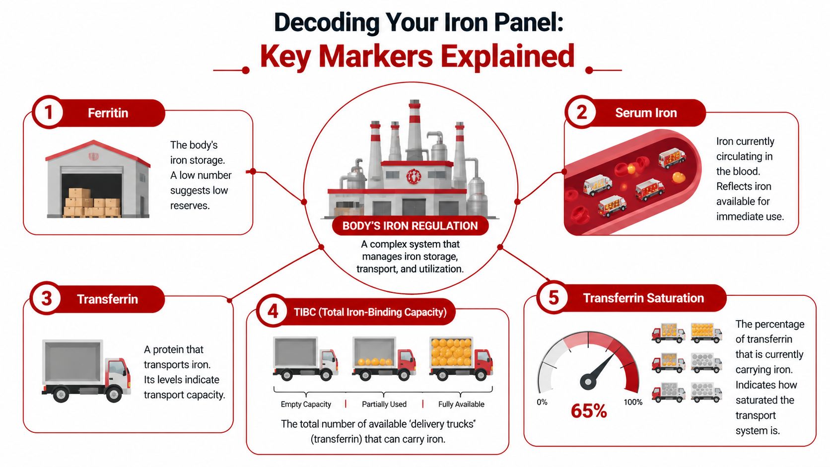 An infographic explaining key blood iron markers like ferritin, serum iron, transferrin, TIBC, and transferrin saturation.