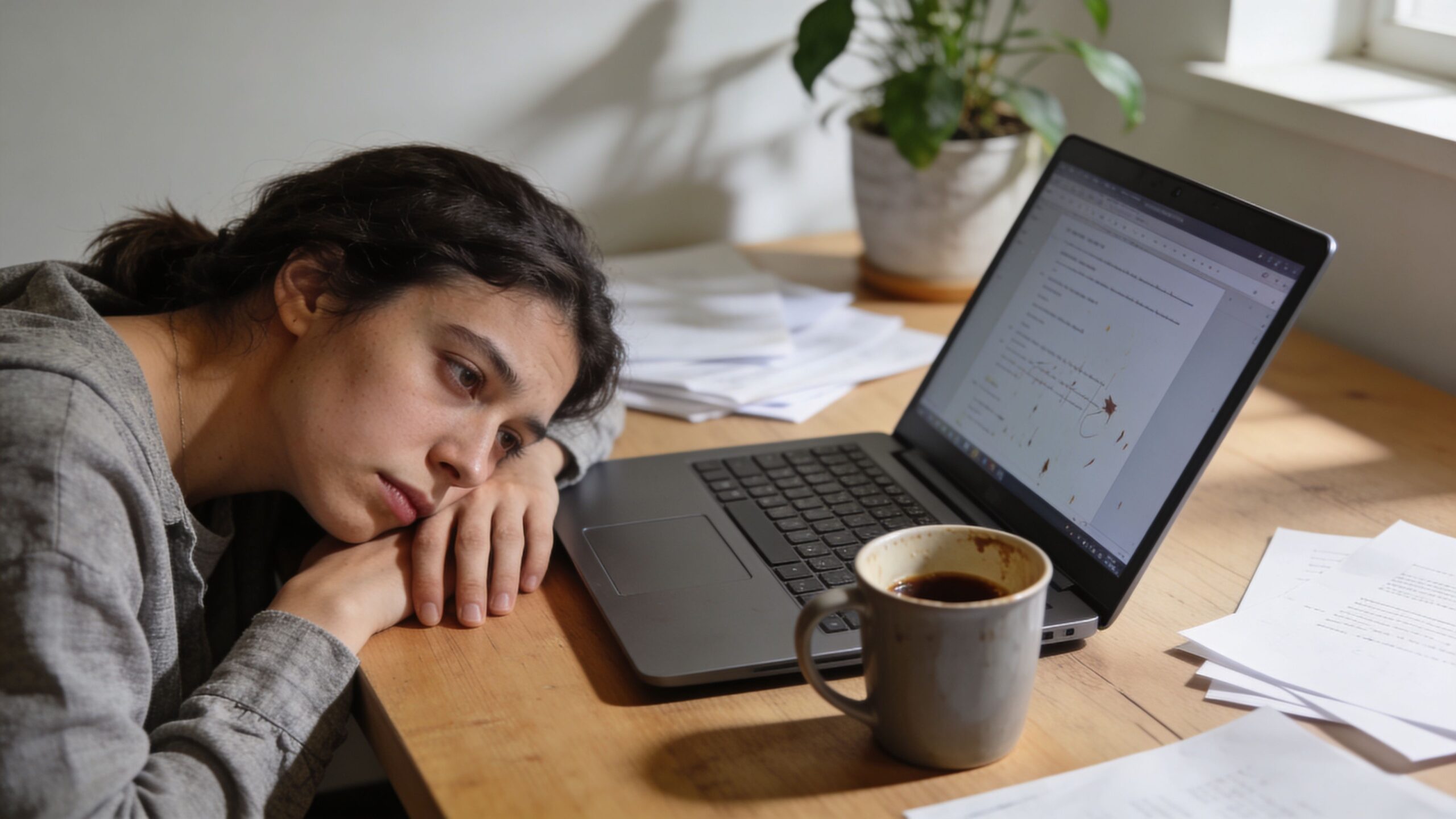 A tired young woman resting her head on a wooden desk next to her laptop and coffee.