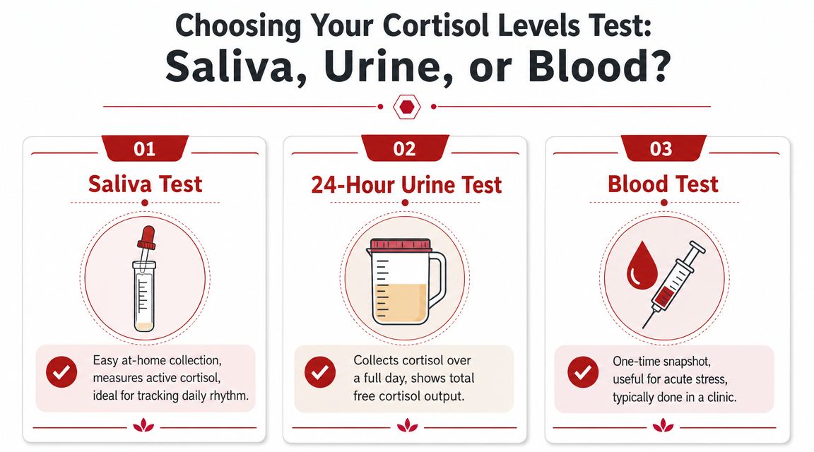 An infographic comparing saliva, 24-hour urine, and blood tests for measuring cortisol levels in the human body.