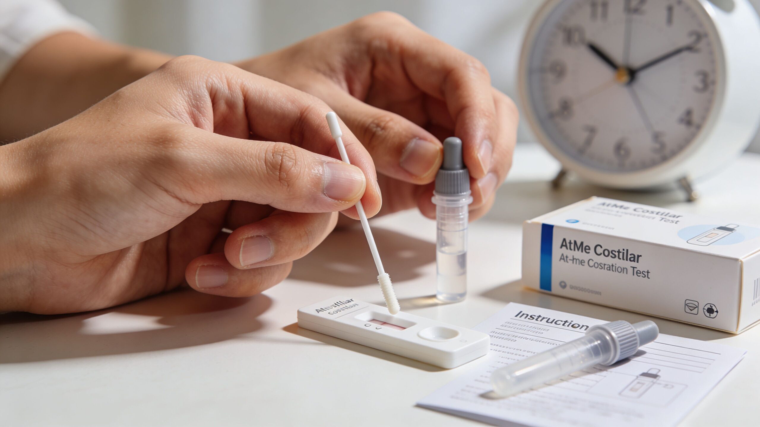 A person performing a home cortisol test with a test cassette, swab, and instruction manual on a table.