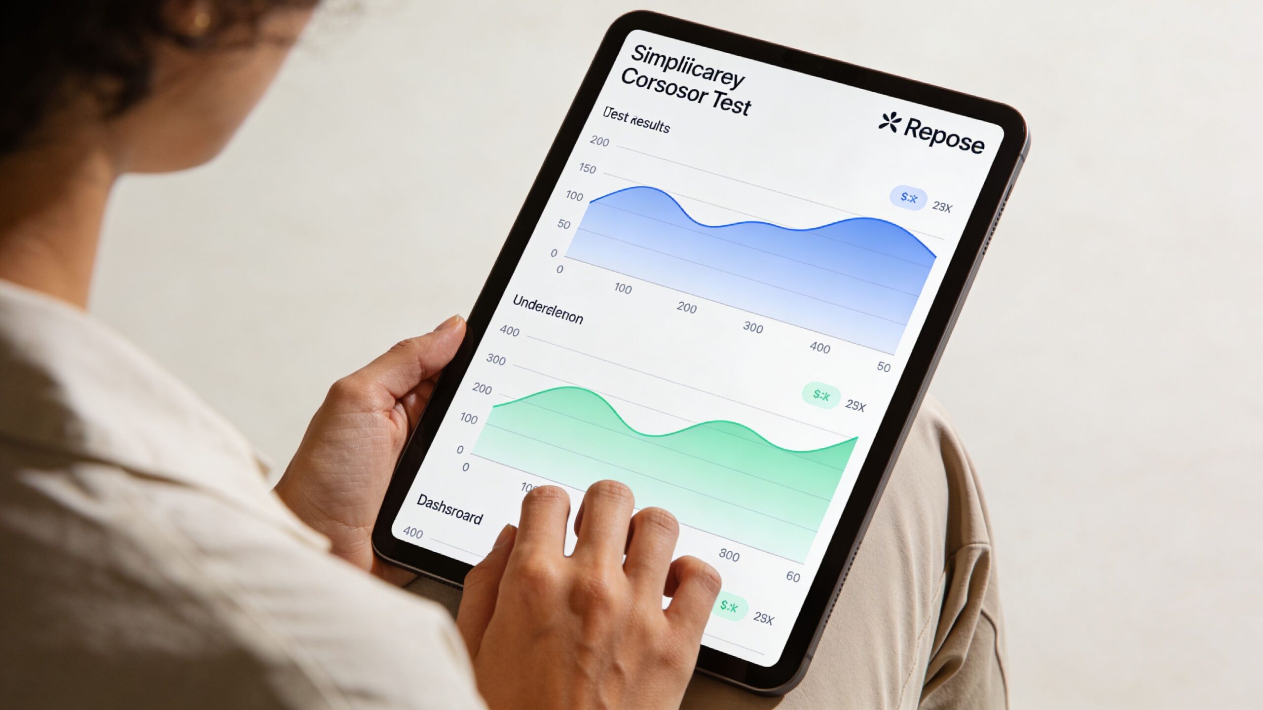 A person viewing cortisol test result data visualizations on a digital tablet screen.