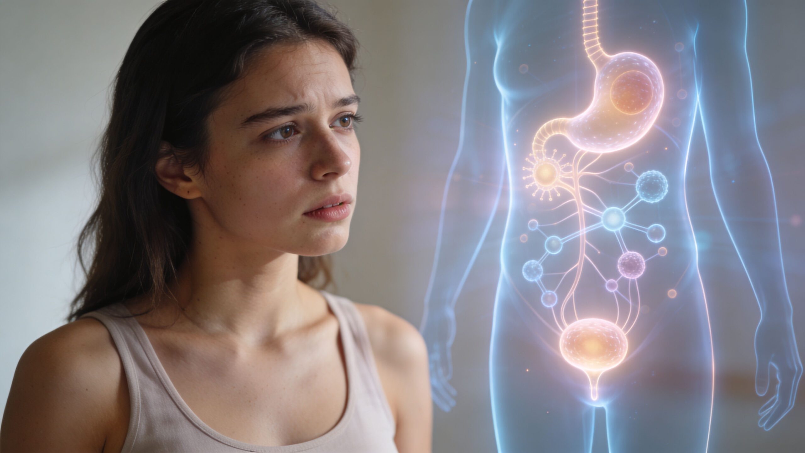 A young woman looking concerned beside a holographic illustration of the human digestive and urinary systems.