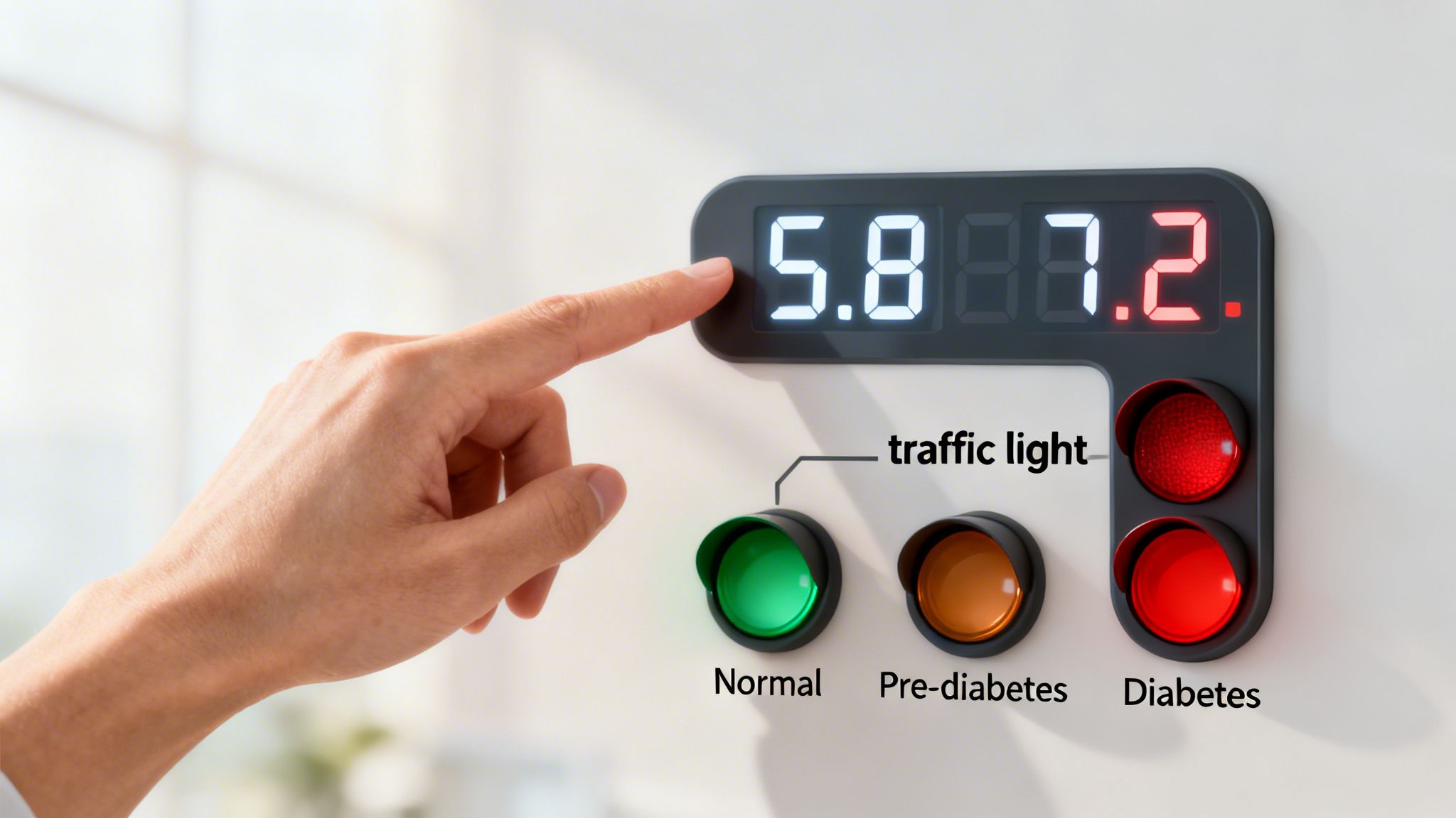 A person touching a digital glucose monitor displaying blood sugar levels next to a medical traffic light.
