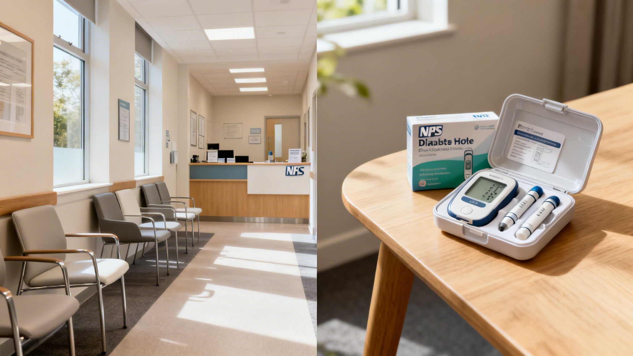 A split view showing a bright medical clinic waiting room and a glucose monitoring kit on a table.