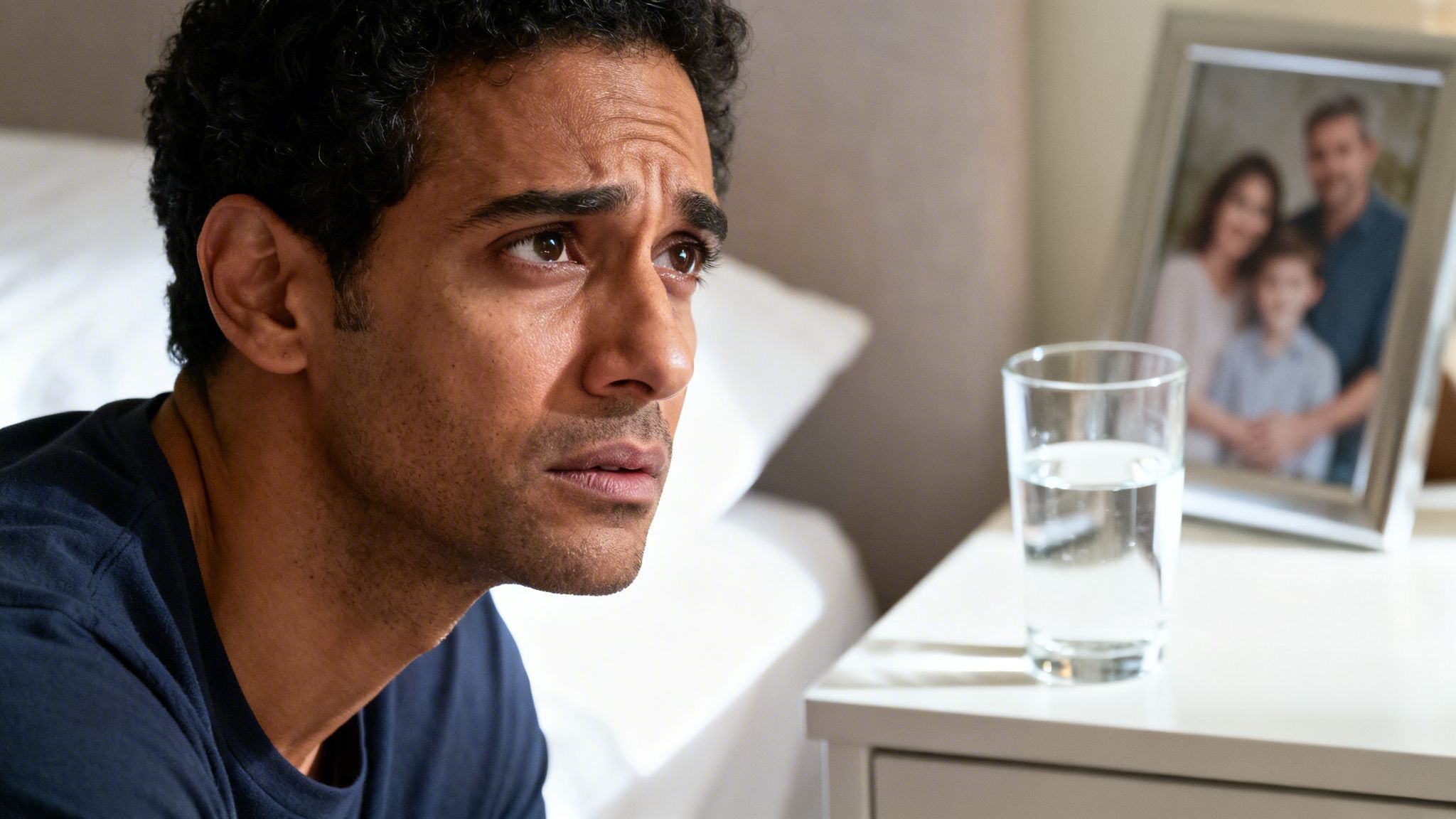A concerned man looks away with a troubled expression, sitting next to a glass of water.