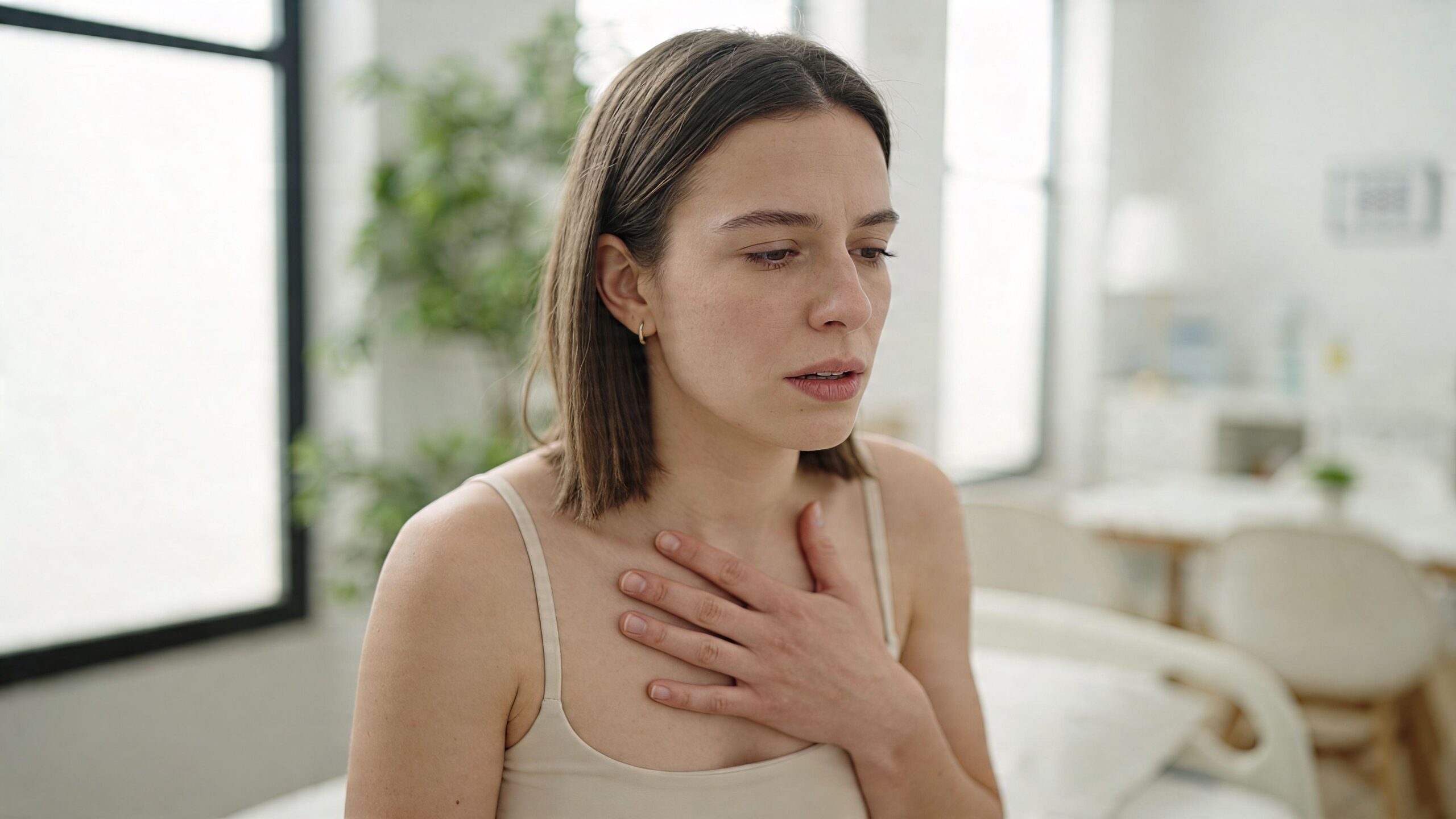 A young woman in a healthcare setting with her hand on her chest looking concerned and unwell.