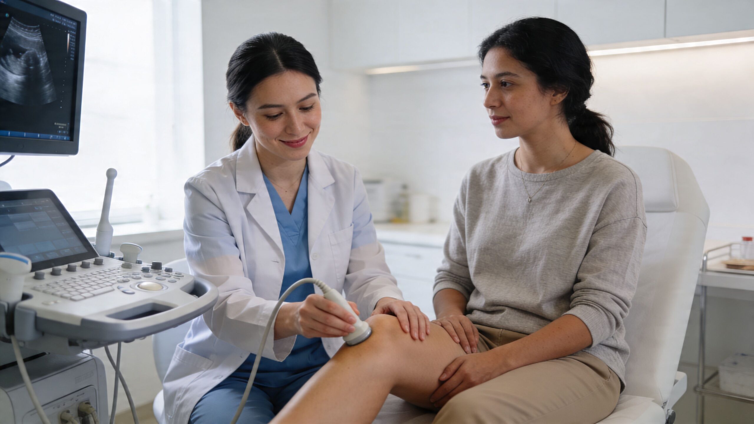 A female doctor performing a diagnostic ultrasound scan on a patient's knee in a clinical office setting.
