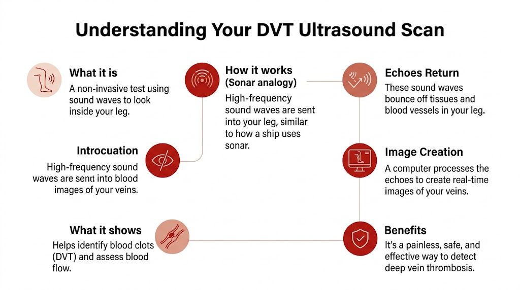 A diagram explaining the DVT ultrasound scan process including how it works and its primary medical benefits.