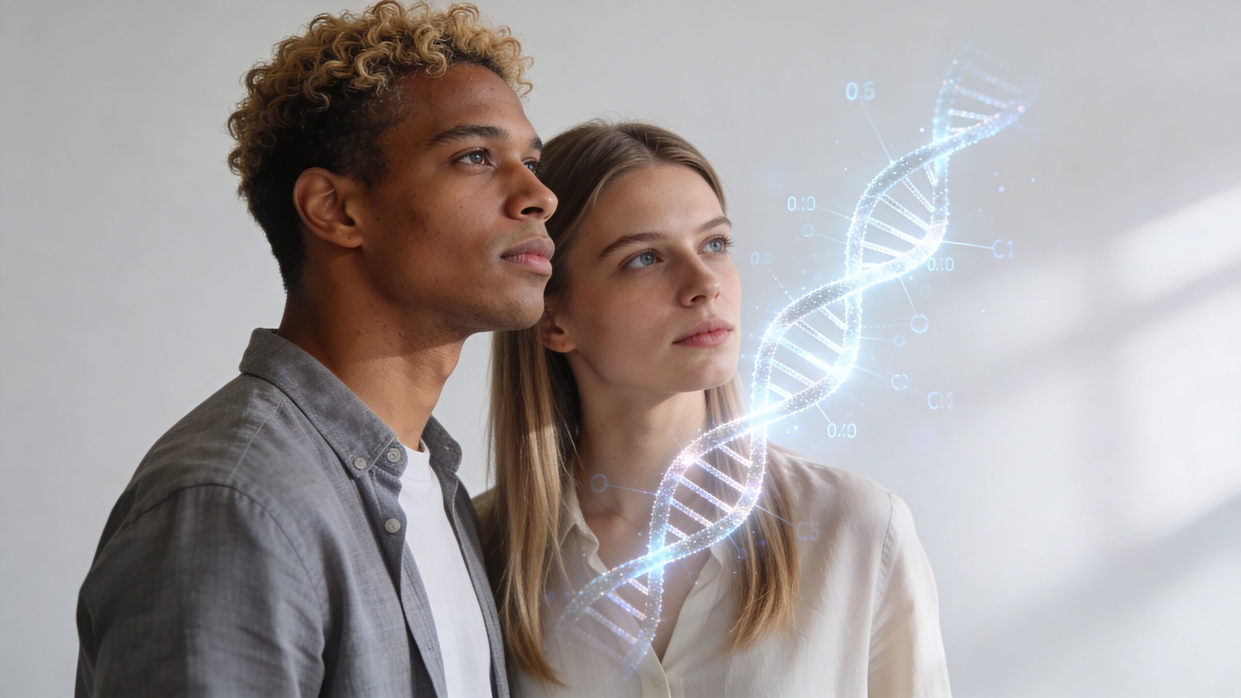A young couple looking thoughtfully at a glowing digital 3D model of a DNA strand.