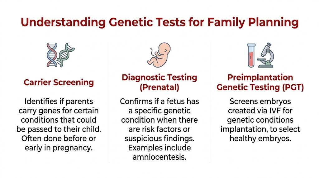 A visual guide explaining three types of genetic tests for family planning: carrier screening, diagnostic prenatal testing, and preimplantation genetic testing.