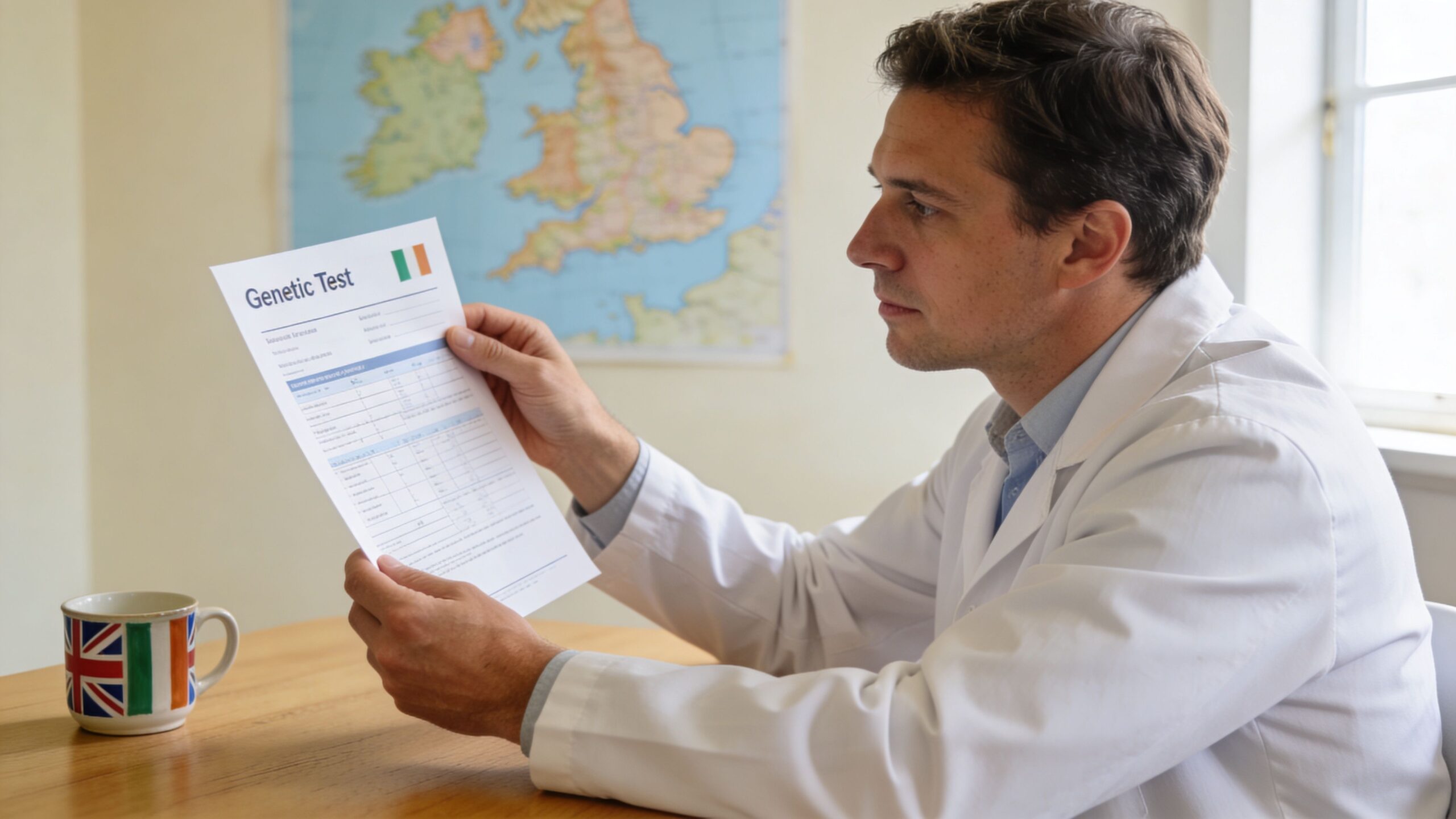 A doctor in a white coat reviewing a genetic test report at a wooden desk with a mug.