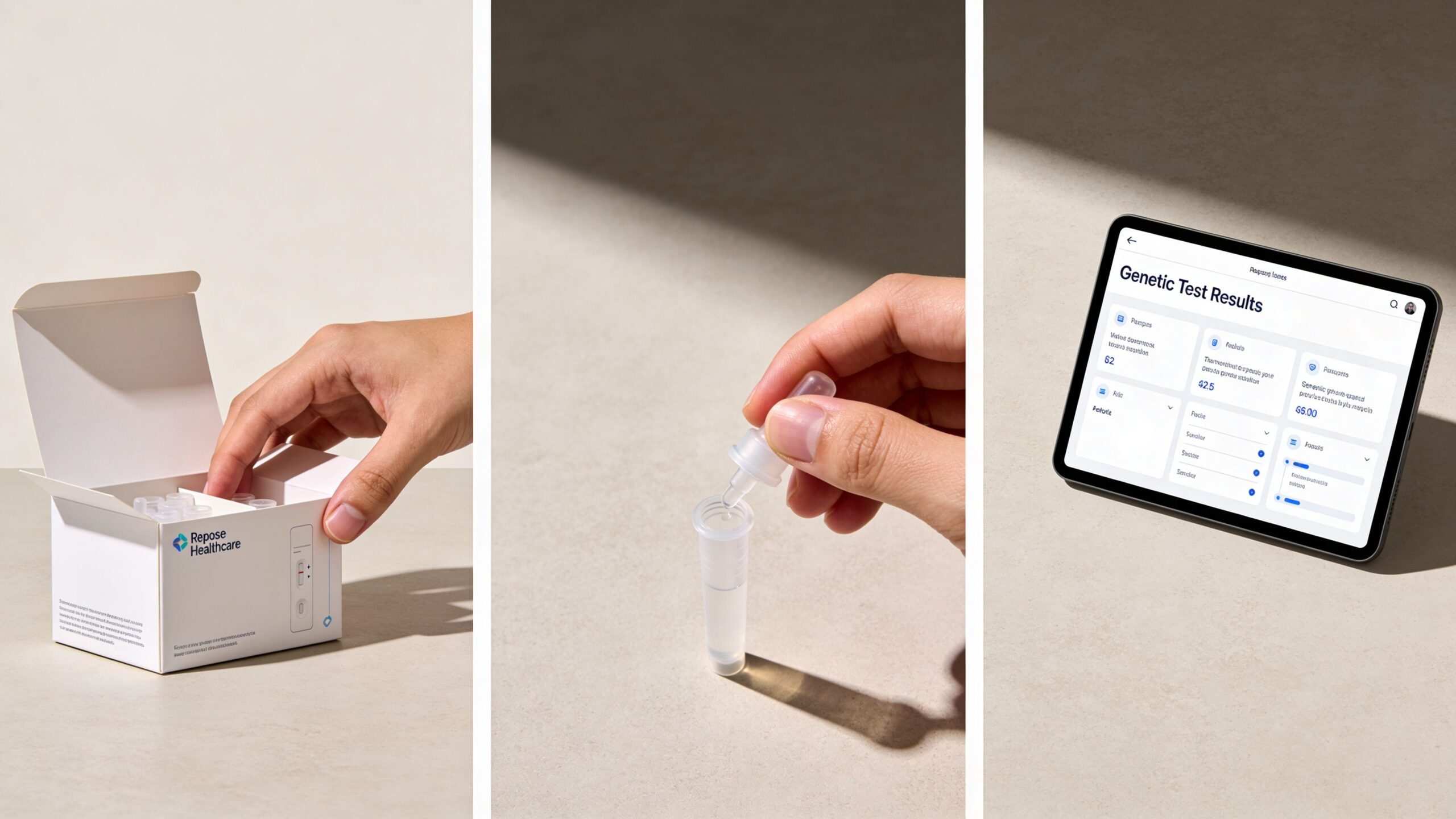Hands performing a Repose Healthcare genetic test, including opening the kit, mixing samples, and viewing results.