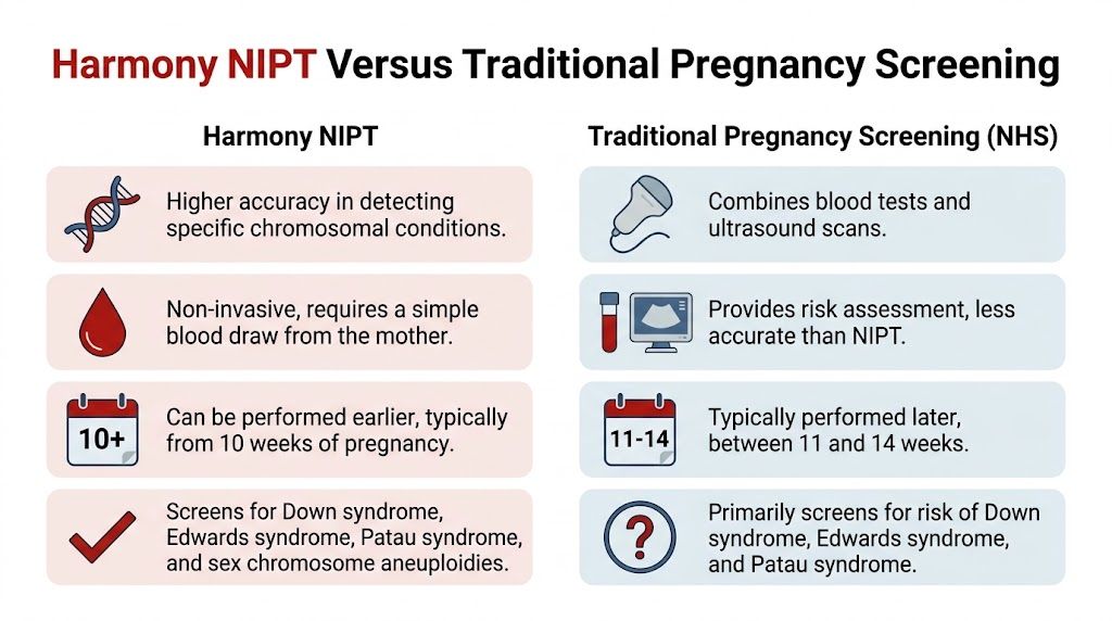 A comparison chart outlining the differences between Harmony NIPT and traditional NHS pregnancy screening methods.