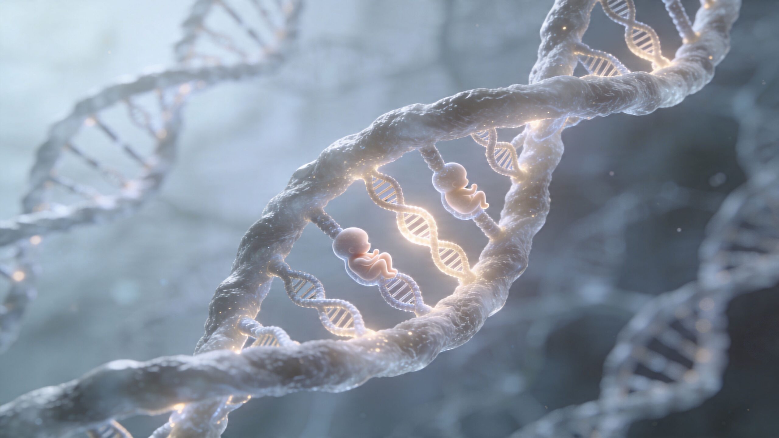 A 3D representation of a DNA strand featuring human fetuses growing inside the structure, representing prenatal testing.