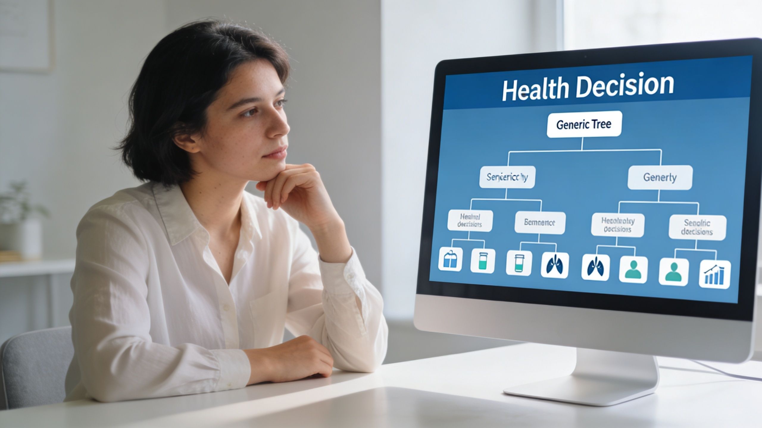 A woman looking at a health decision flowchart displayed on a computer screen in a bright office.