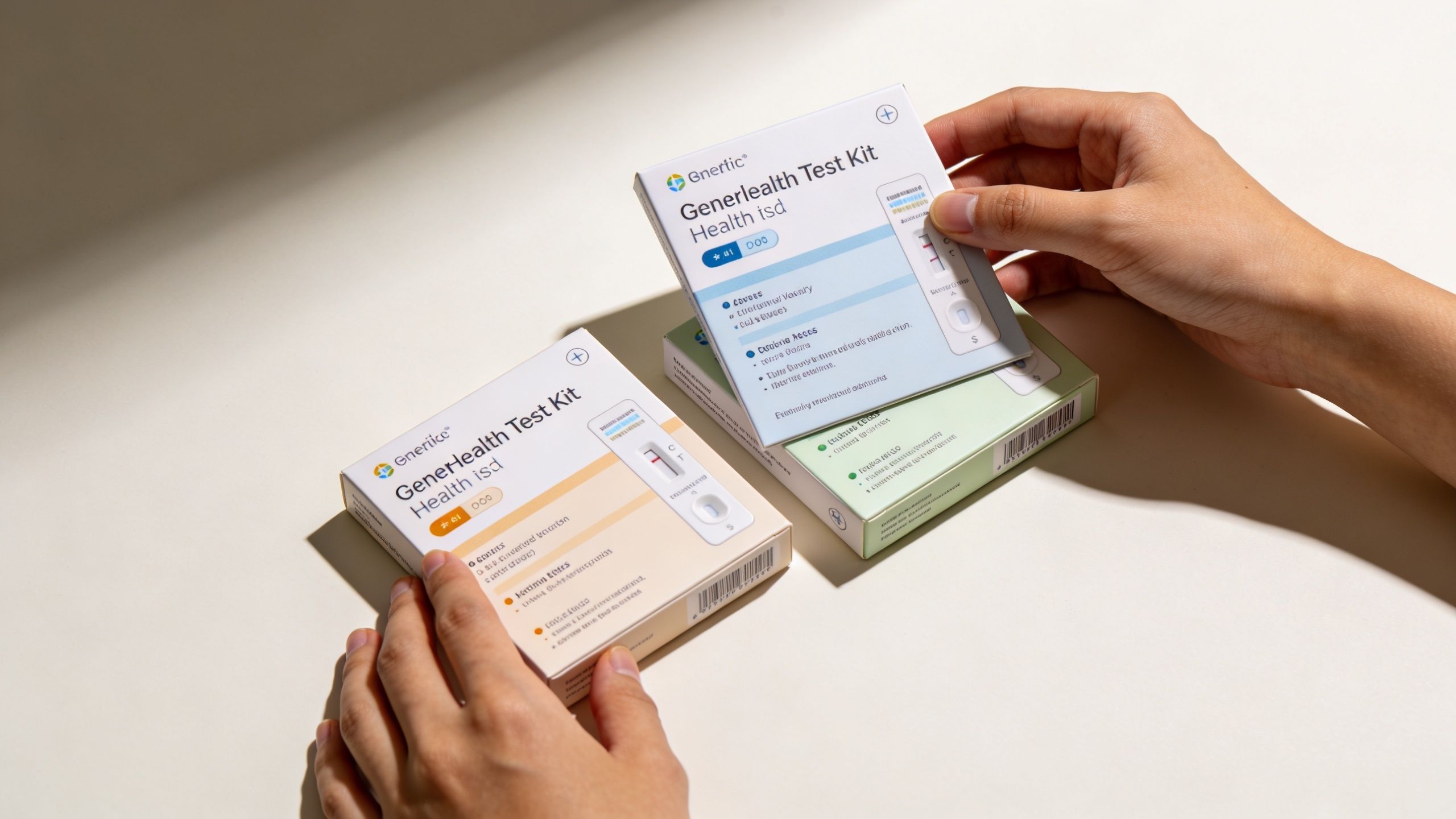 A person holding two medical test kit boxes for checking testosterone levels on a white background.