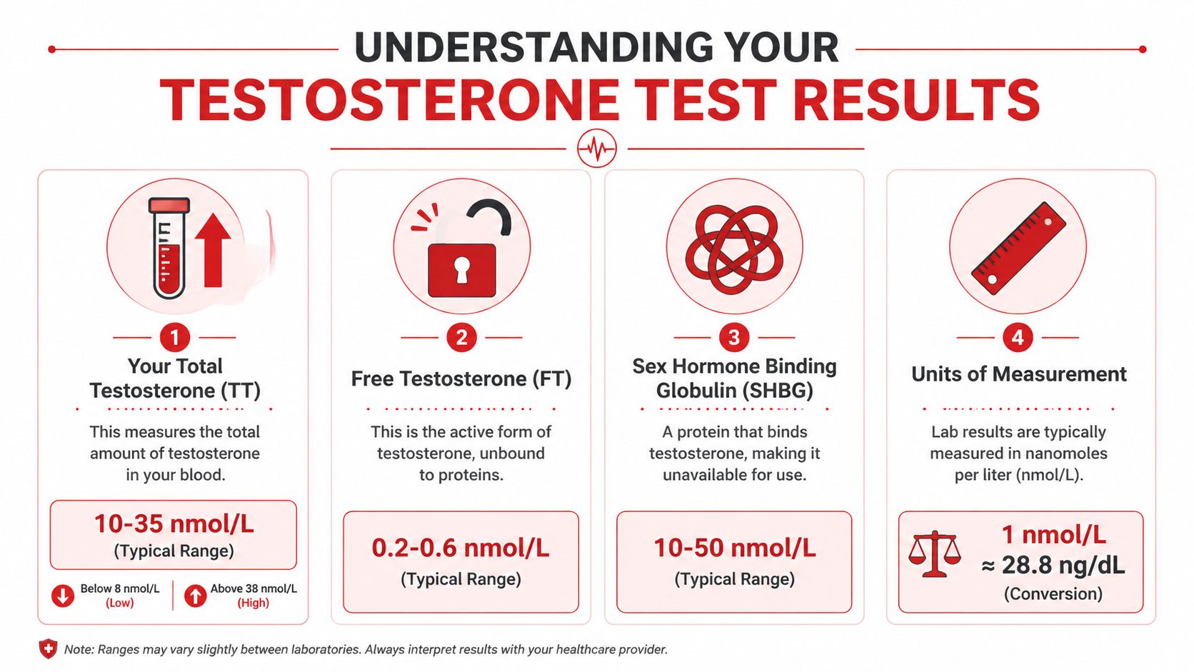 An infographic explaining total testosterone, free testosterone, SHBG, and unit conversions for blood test results.