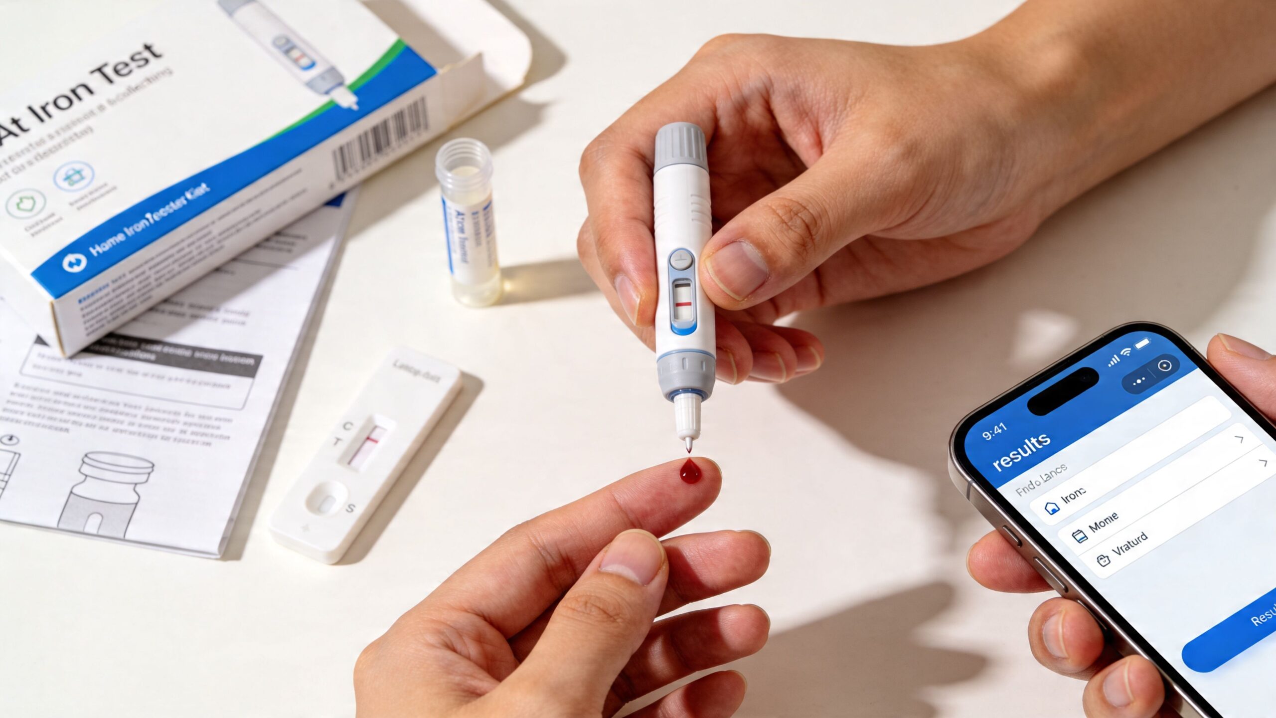 A person performing a home iron deficiency test with a lancet and blood sample on a test cassette.