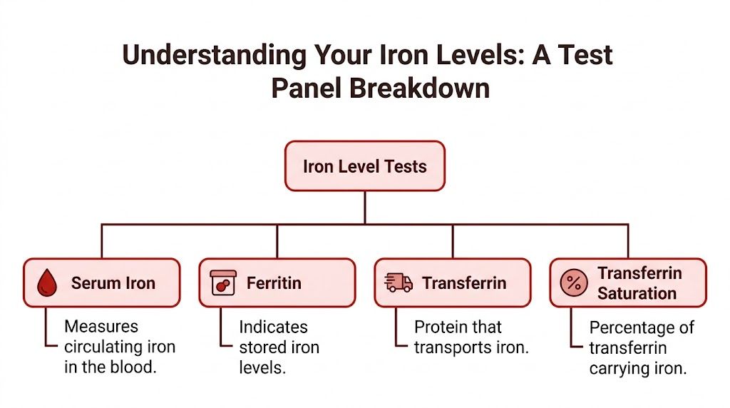 A flowchart infographic titled Understanding Your Iron Levels explaining serum iron, ferritin, transferrin, and transferrin saturation.