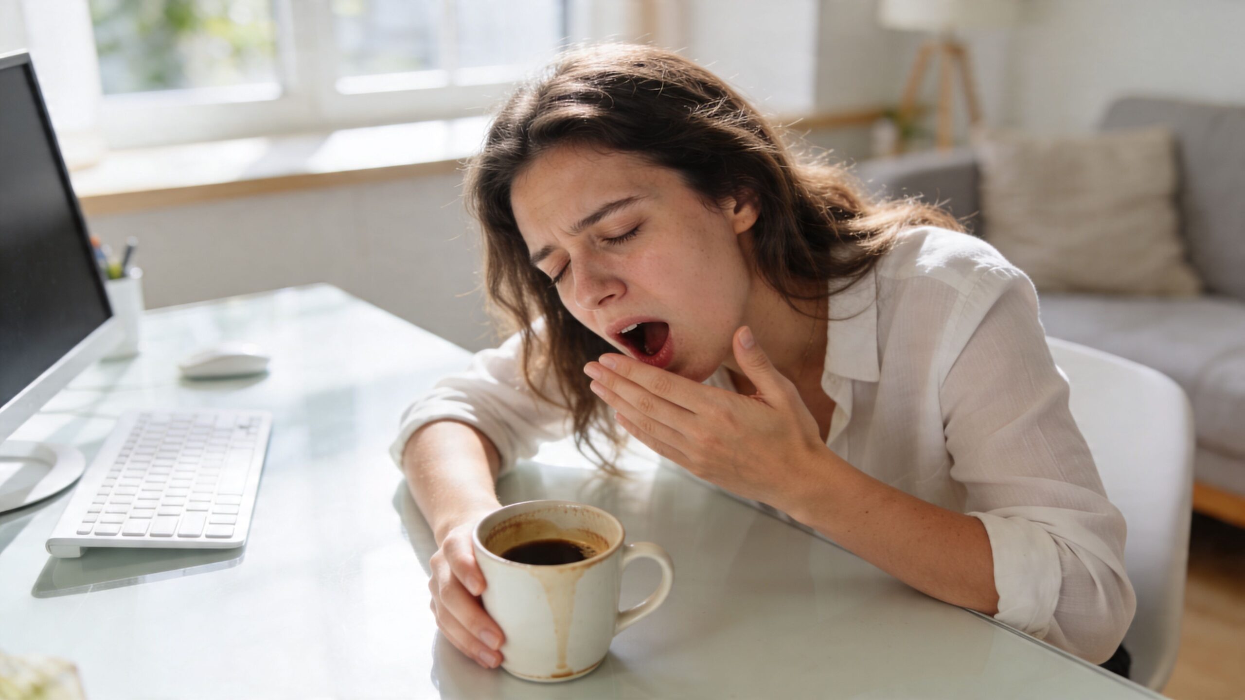 A tired young woman yawns while holding a coffee mug at her office desk in the morning.