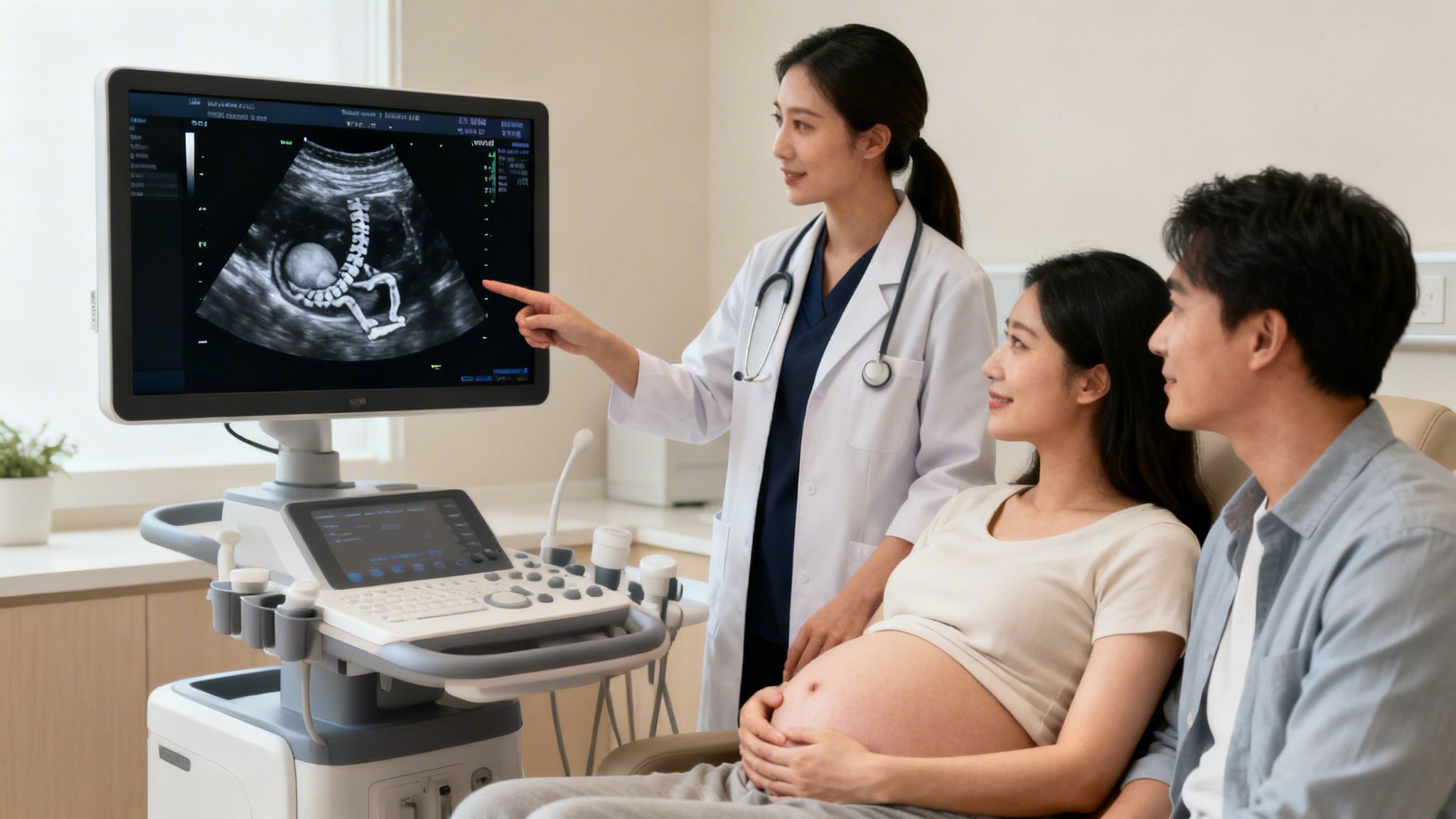 A female doctor points to a baby's ultrasound on a screen for a smiling pregnant couple.