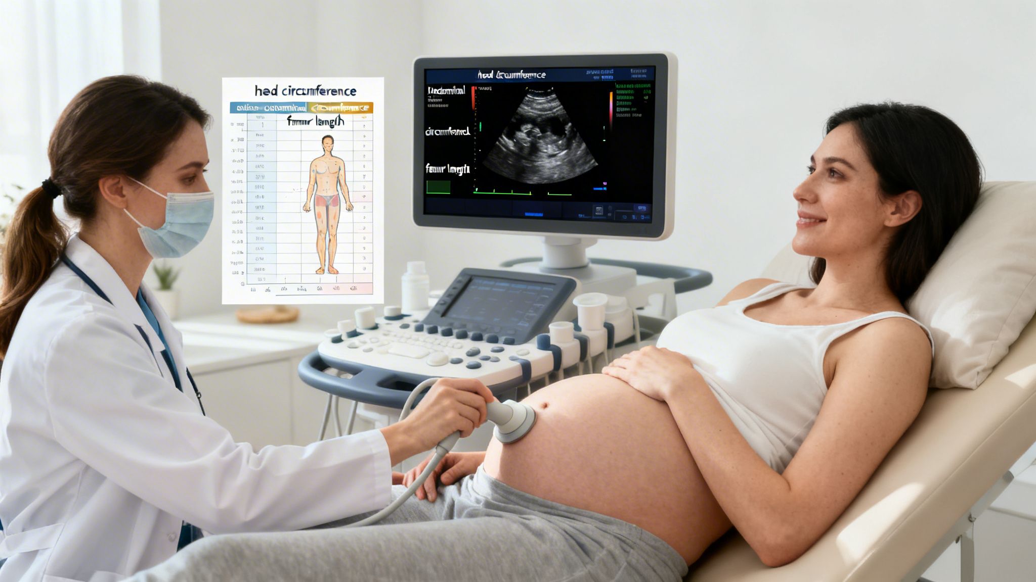 A doctor performs an ultrasound scan on a smiling pregnant woman in a modern clinic.