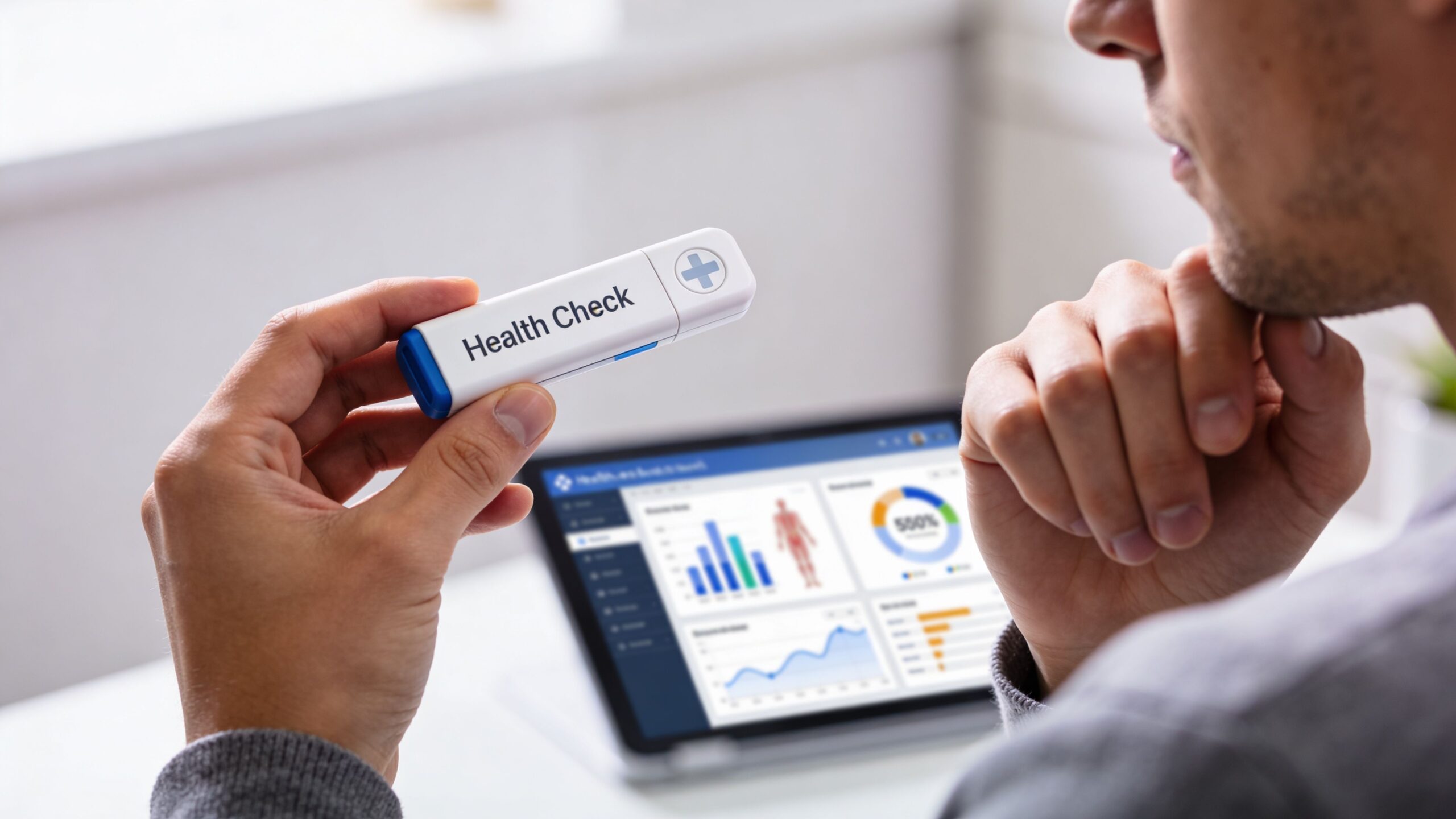 A person holding a medical health check device while reviewing diagnostic results on a laptop computer screen.