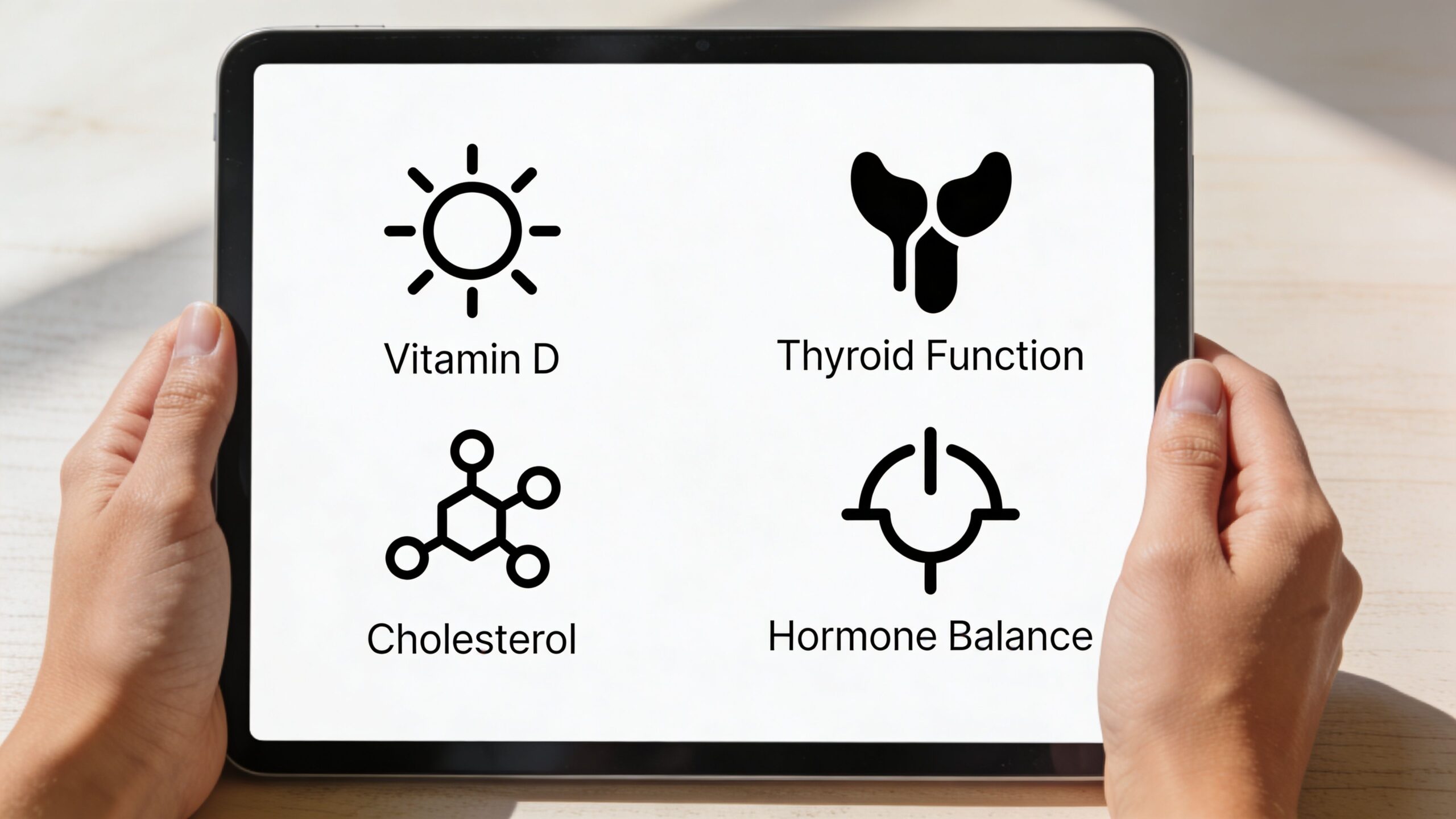 A tablet held by hands displaying icons for Vitamin D, Thyroid Function, Cholesterol, and Hormone Balance health markers.
