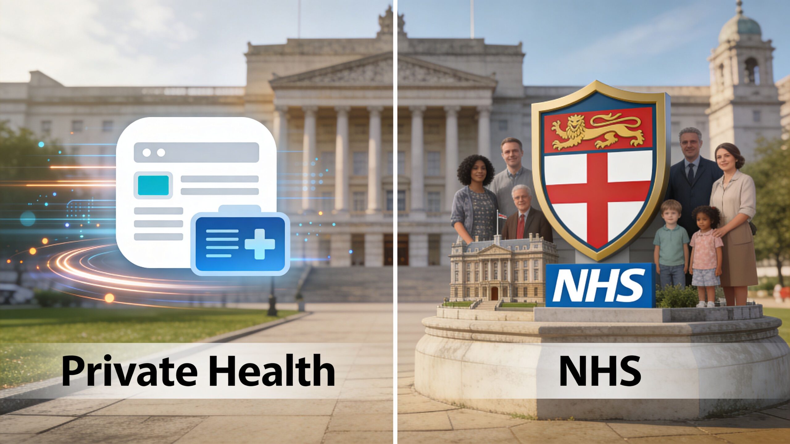 A split screen comparing private health services and the NHS with institutional buildings in the background.