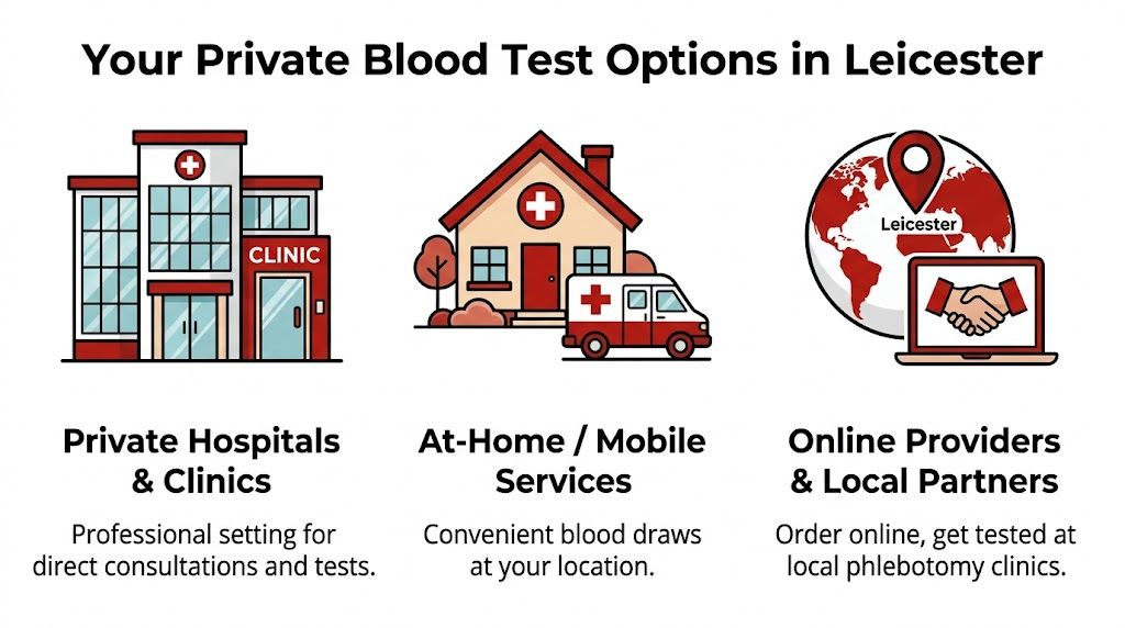 An infographic illustrating three private blood test service options available in the city of Leicester, UK.