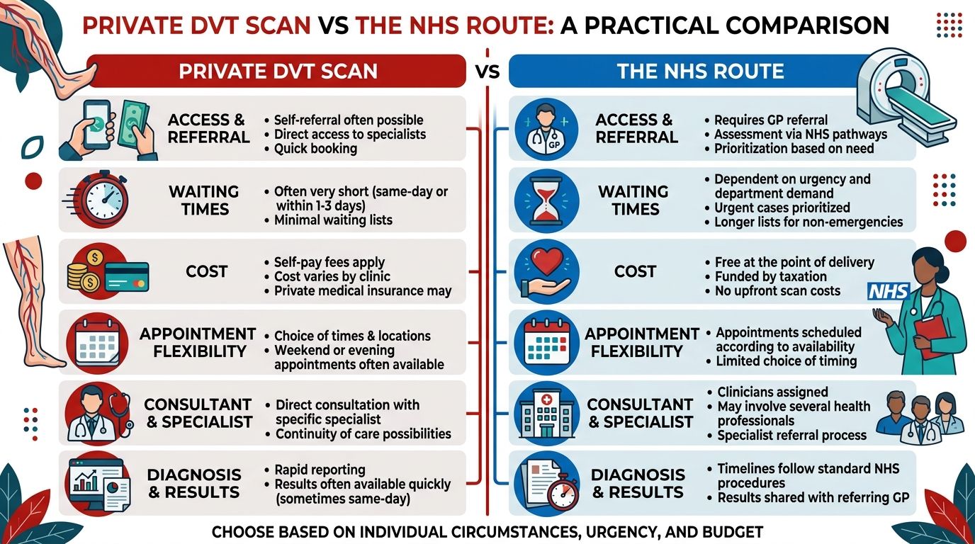 A comparison infographic between private DVT scans and the NHS route showing differences in access, cost, and wait times.