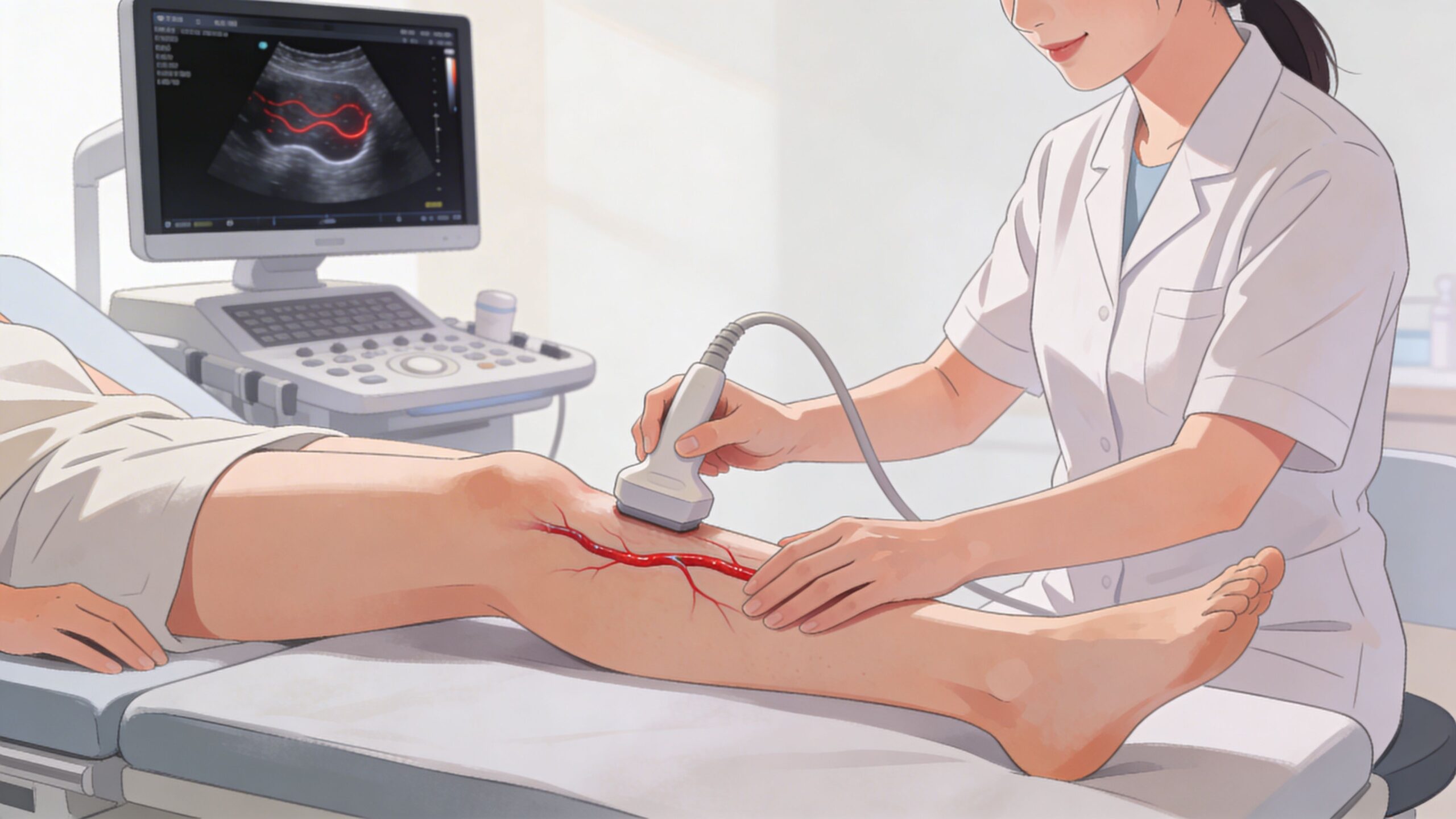 A healthcare professional performing a medical ultrasound scan on a patient's leg for diagnostic assessment purposes.