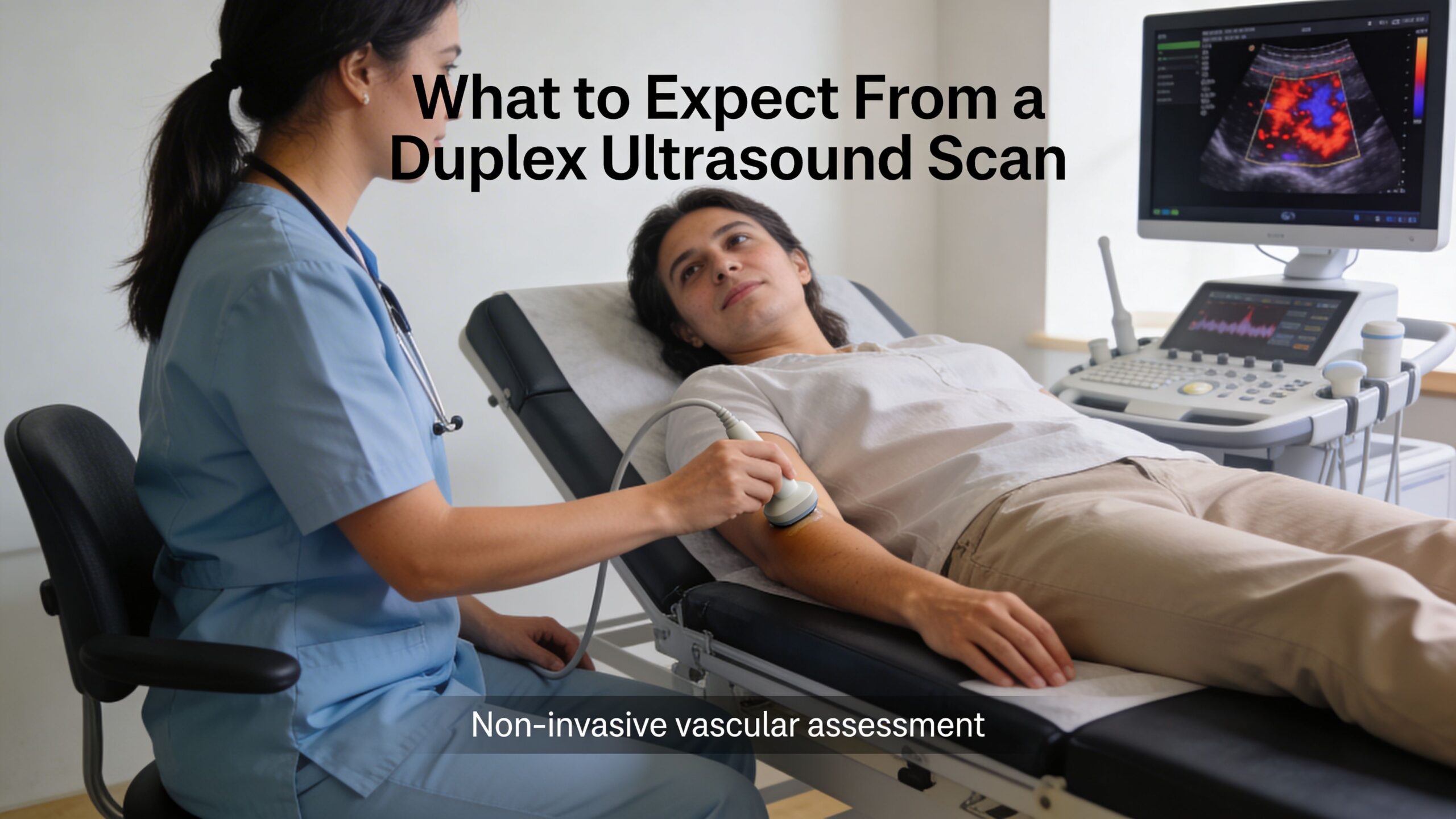 A medical professional performing a non-invasive duplex ultrasound scan on a patient's arm in a clinic.