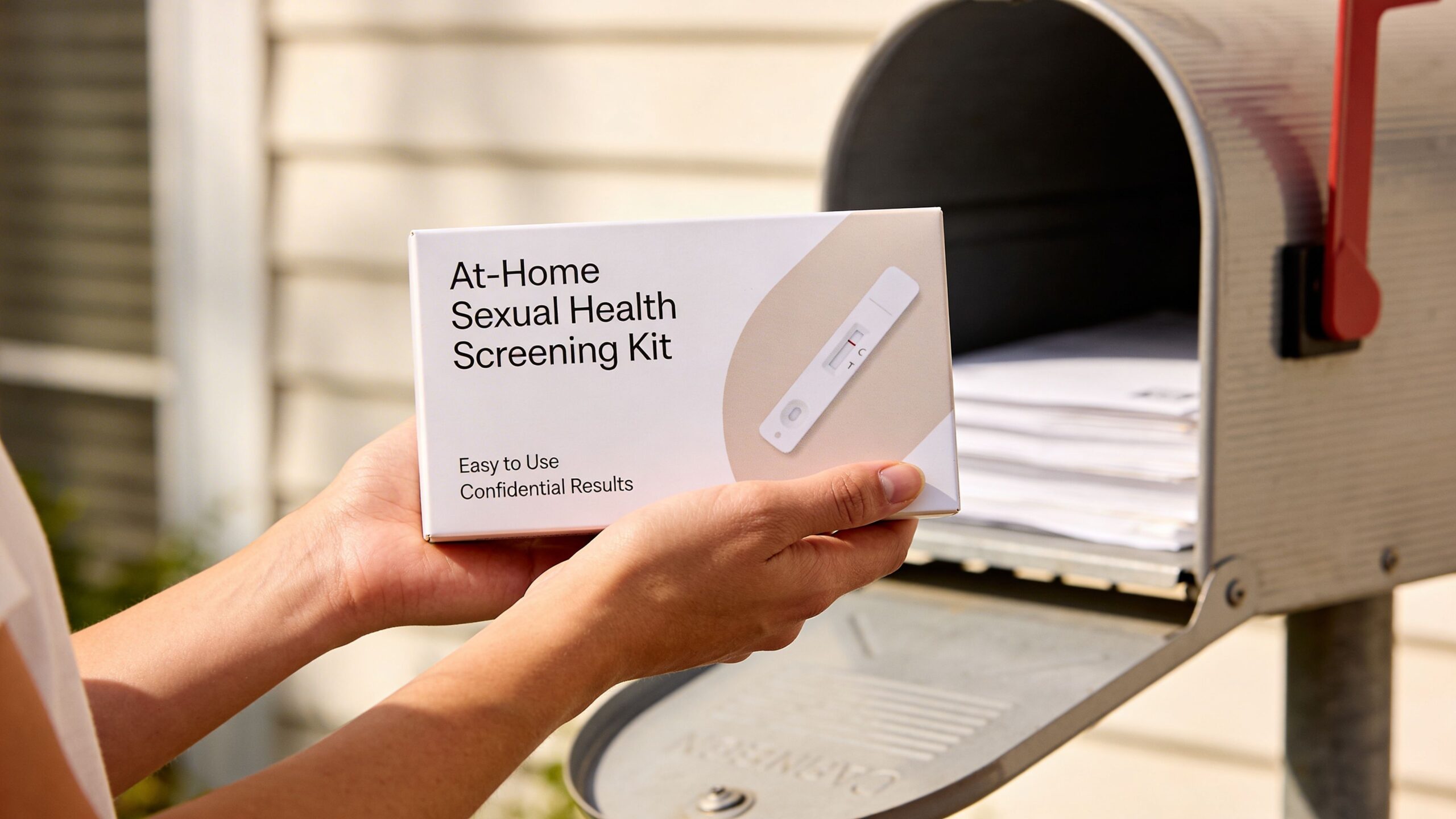 A person holding an at-home sexual health screening kit box in front of a rural mailbox.