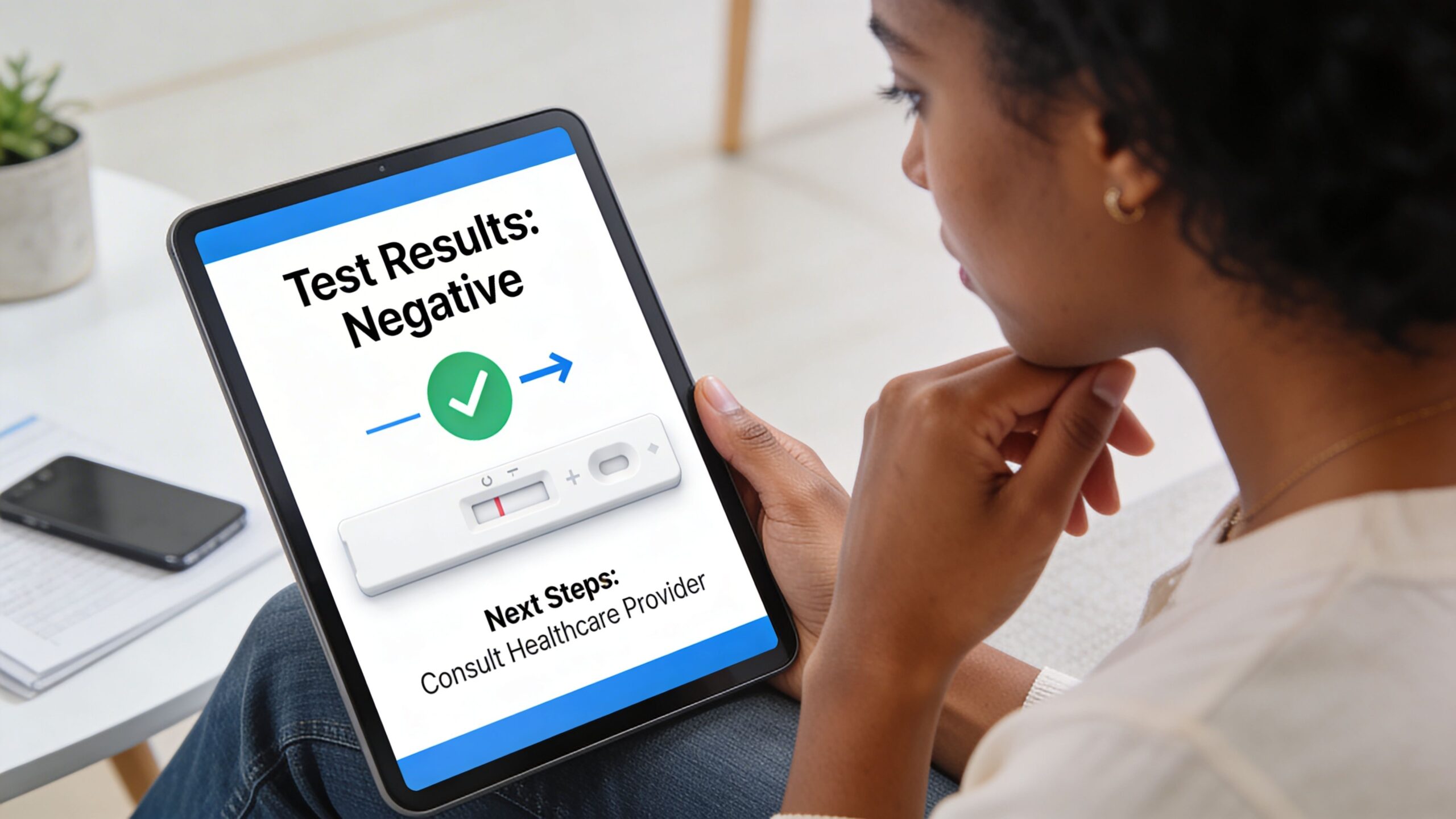 A person viewing a negative medical test result on a tablet screen in a bright, modern room.
