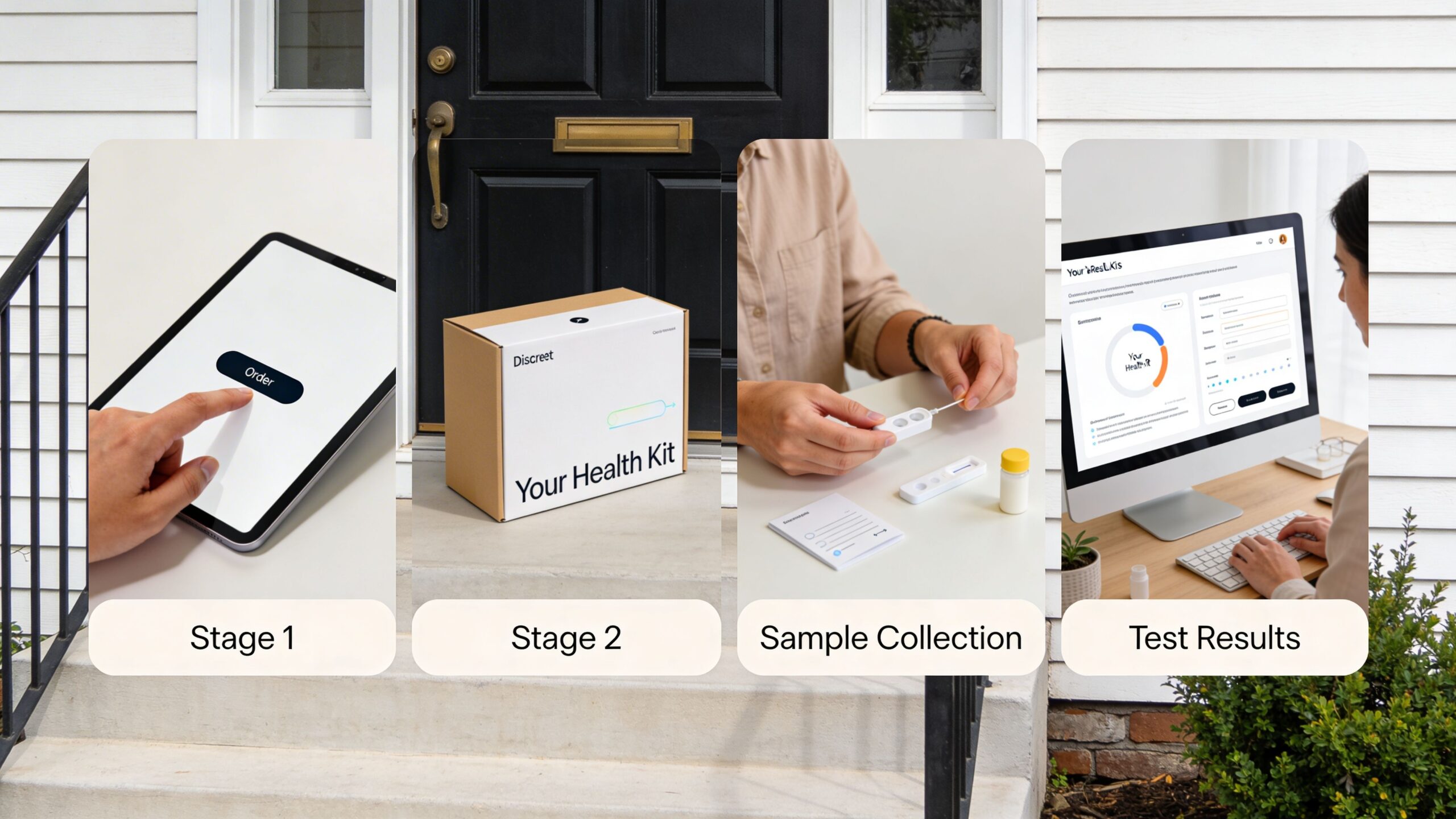 A step-by-step visual guide showing the process of ordering, receiving, and using an at-home health kit.